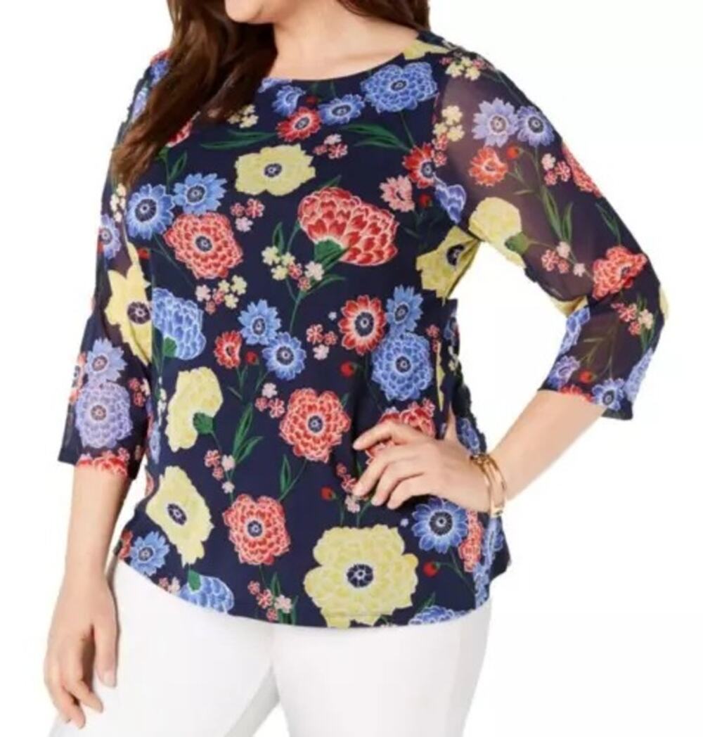 Charter Club Large Navy Blue Vibrant Floral Mesh Blouse Stretch Top 3/4 Sleeve